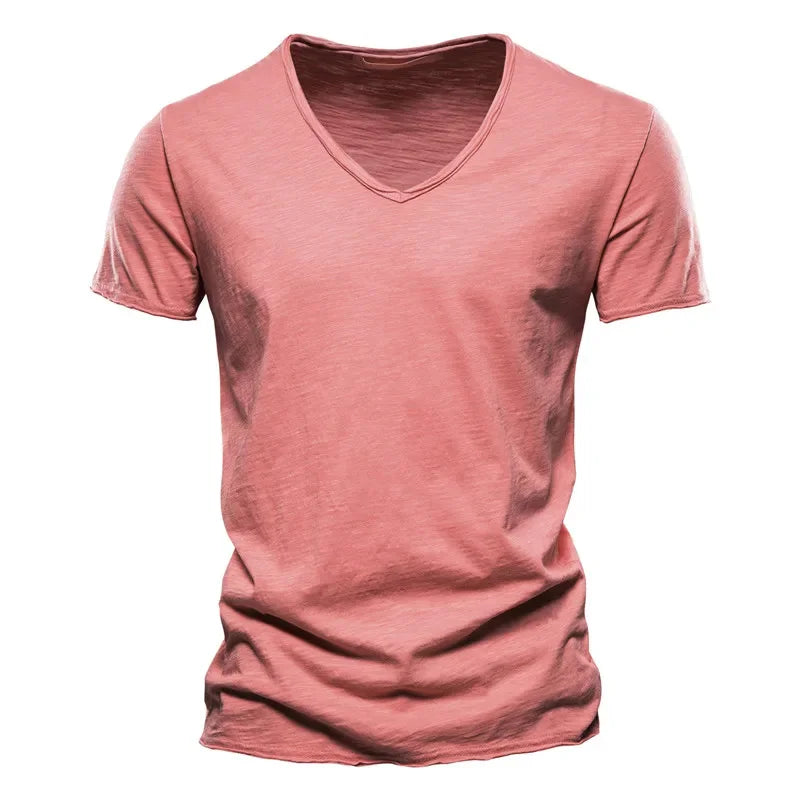 Brand Quality 100% Cotton Men T-Shirt V-Neck Fashion Design Slim Fit Soild Male Tops Tees Short Sleeve
