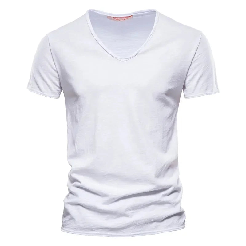 Brand Quality 100% Cotton Men T-Shirt V-Neck Fashion Design Slim Fit Soild Male Tops Tees Short Sleeve