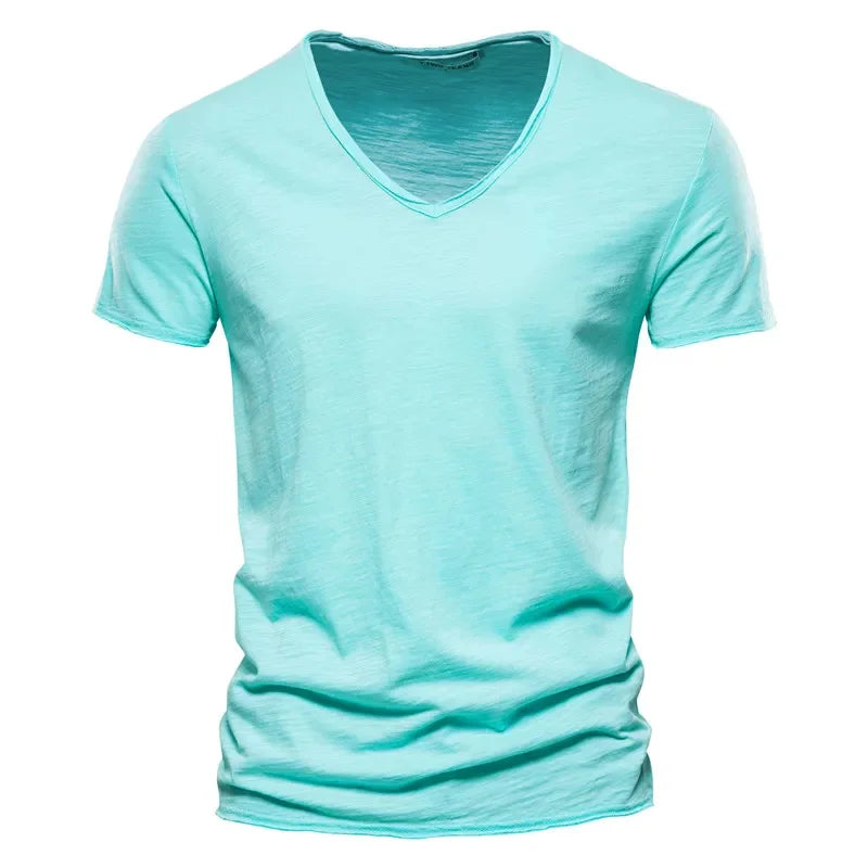 Brand Quality 100% Cotton Men T-Shirt V-Neck Fashion Design Slim Fit Soild Male Tops Tees Short Sleeve