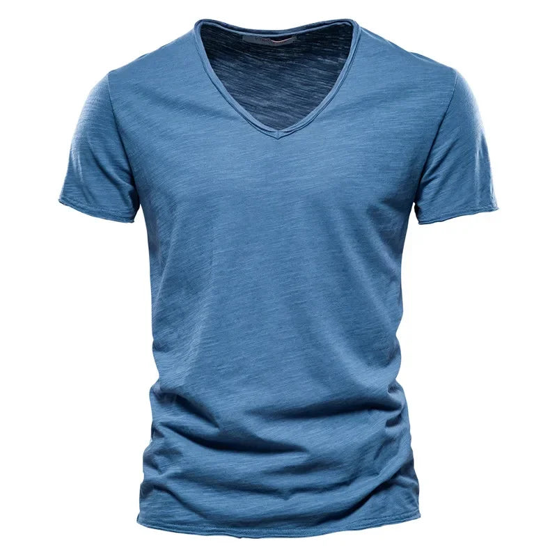 Brand Quality 100% Cotton Men T-Shirt V-Neck Fashion Design Slim Fit Soild Male Tops Tees Short Sleeve