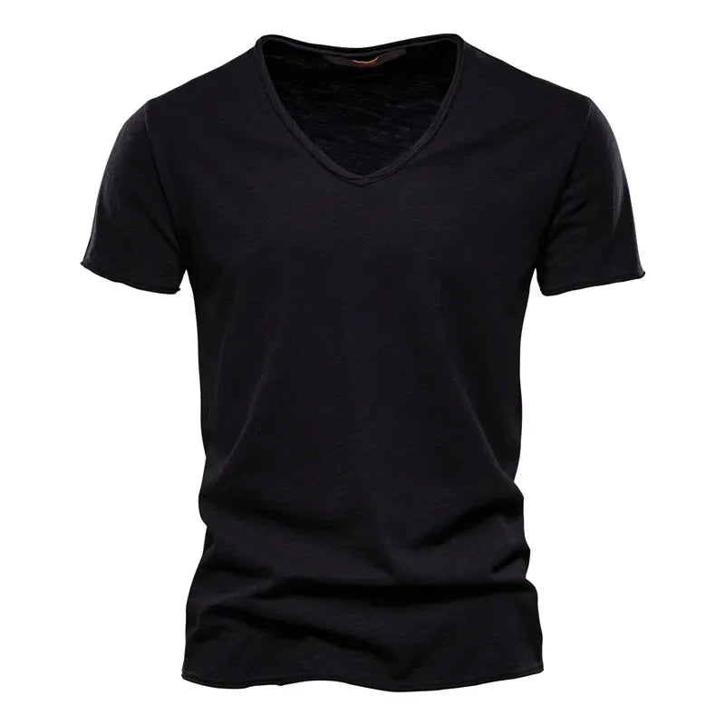 Brand Quality 100% Cotton Men T-Shirt V-Neck Fashion Design Slim Fit Soild Male Tops Tees Short Sleeve