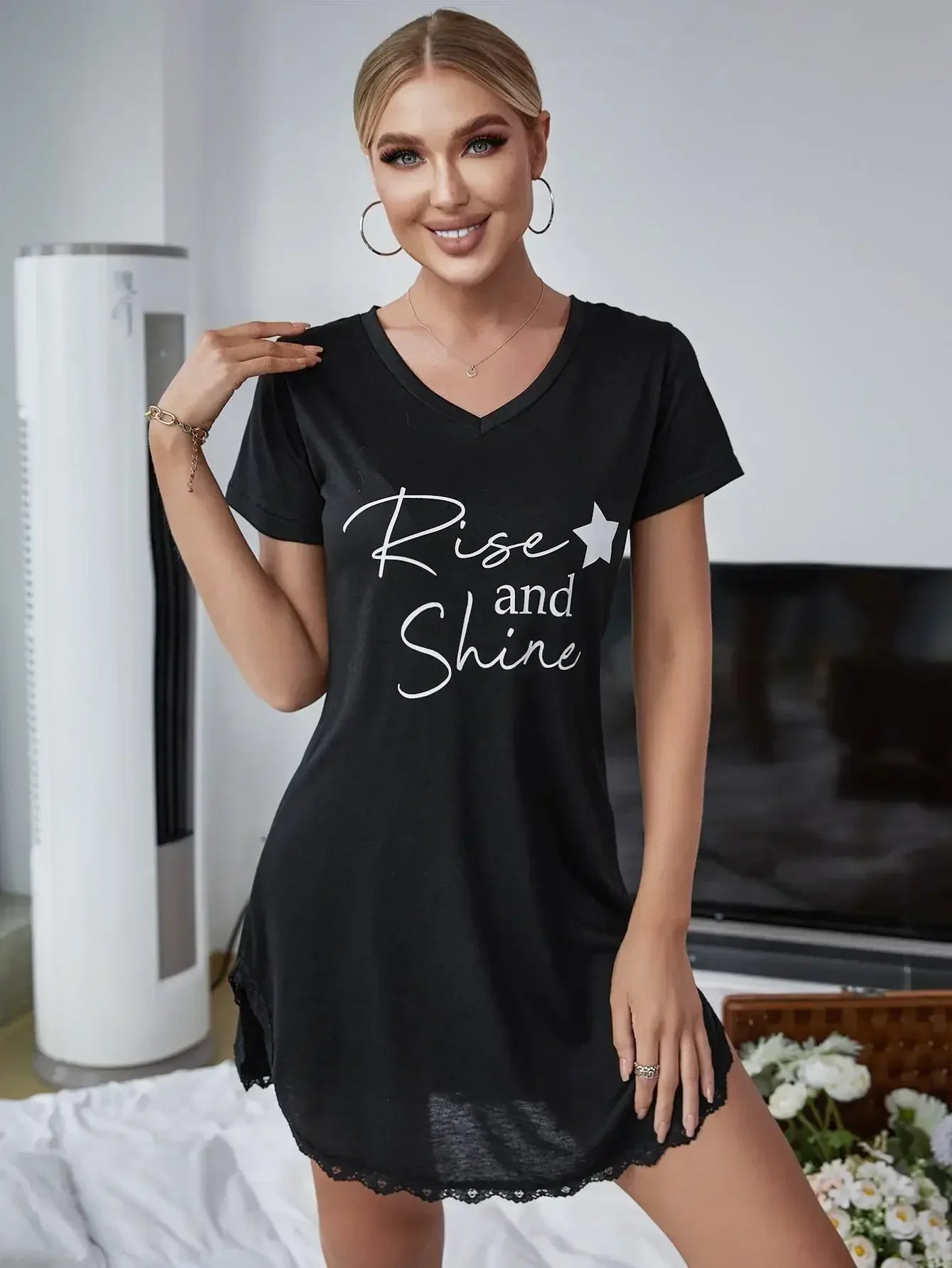 Summer Sexy Sleepwear Women Lace Hem Nightdress V-Neck Short Sleeve Pajamas Nighties Nightgown Nightwear Side Split Skirt