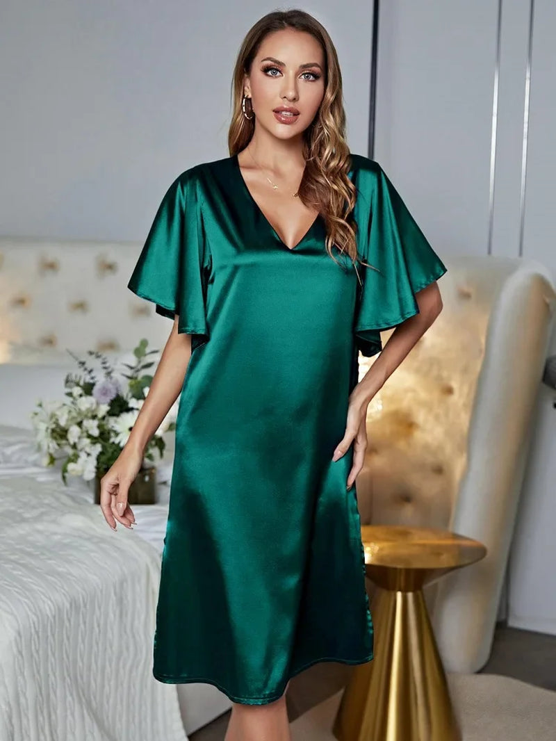Silk Satin Sleepwear Loose Casual Sexy Home Wear Night Dress Side Split Summer Nightwear Ruffle Sleeve Women'S Pajamas Underwear
