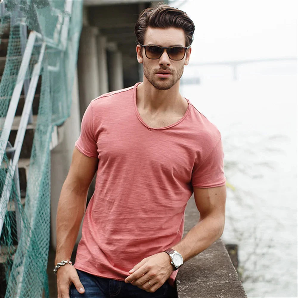 Brand Quality 100% Cotton Men T-Shirt V-Neck Fashion Design Slim Fit Soild Male Tops Tees Short Sleeve