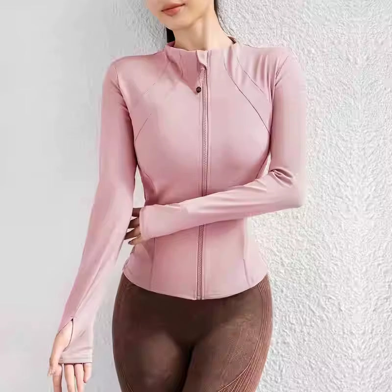New Solid Color Tight Jacket Zipper Long-Sleeved Coat Sports Running Fitness Long Yoga Jackets Woman