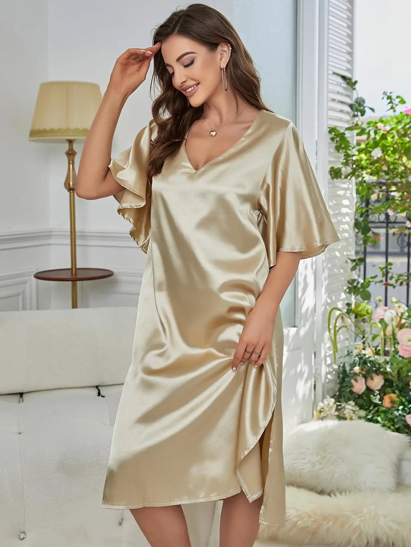 Silk Satin Sleepwear Loose Casual Sexy Home Wear Night Dress Side Split Summer Nightwear Ruffle Sleeve Women'S Pajamas Underwear