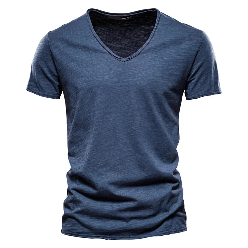 Brand Quality 100% Cotton Men T-Shirt V-Neck Fashion Design Slim Fit Soild Male Tops Tees Short Sleeve