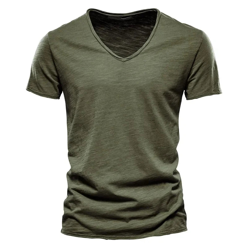 Brand Quality 100% Cotton Men T-Shirt V-Neck Fashion Design Slim Fit Soild Male Tops Tees Short Sleeve