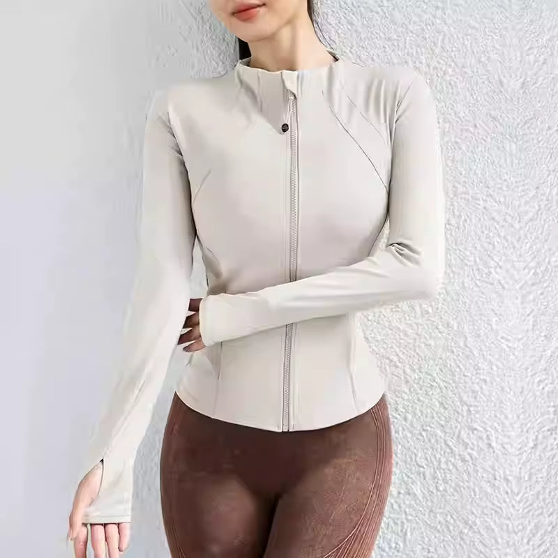 New Solid Color Tight Jacket Zipper Long-Sleeved Coat Sports Running Fitness Long Yoga Jackets Woman