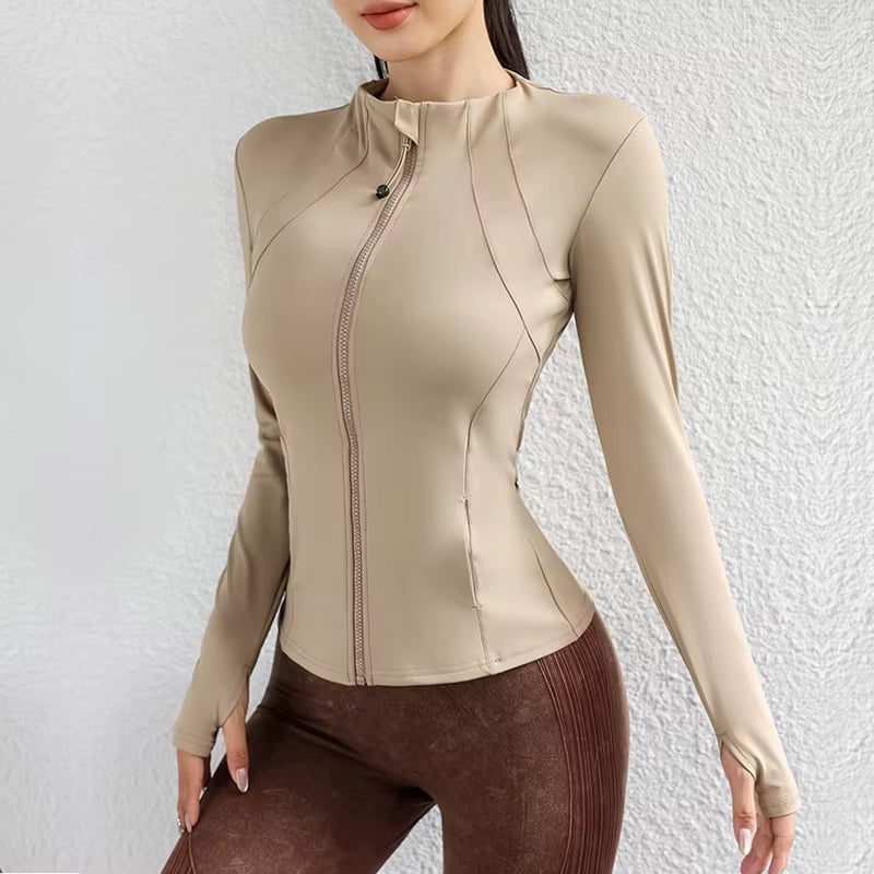 New Solid Color Tight Jacket Zipper Long-Sleeved Coat Sports Running Fitness Long Yoga Jackets Woman