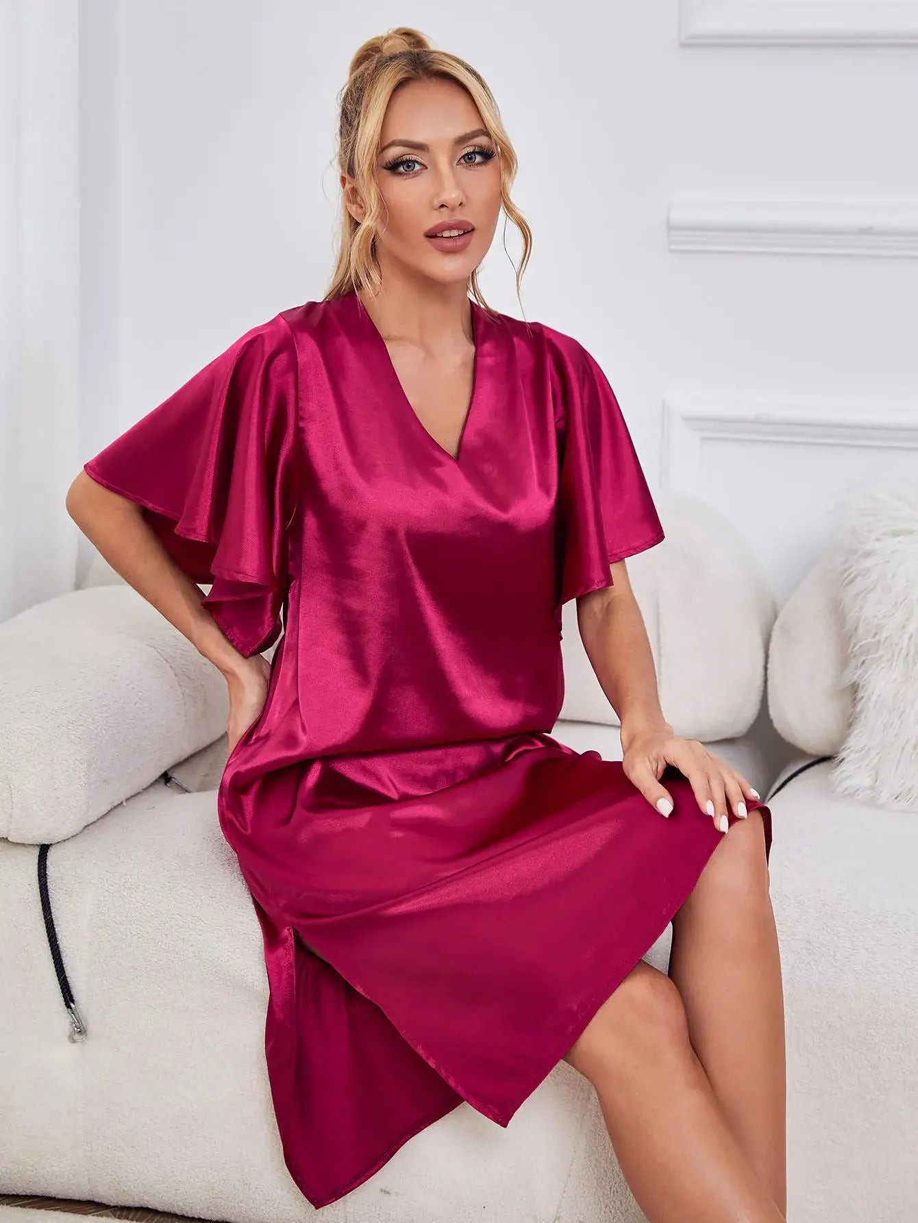 Silk Satin Sleepwear Loose Casual Sexy Home Wear Night Dress Side Split Summer Nightwear Ruffle Sleeve Women'S Pajamas Underwear