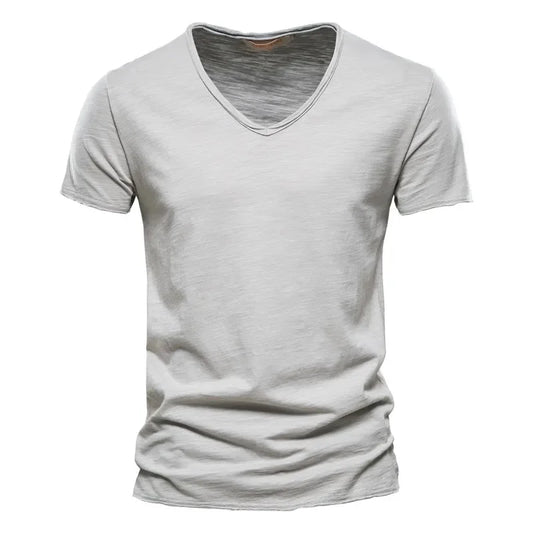 Brand Quality 100% Cotton Men T-Shirt V-Neck Fashion Design Slim Fit Soild Male Tops Tees Short Sleeve
