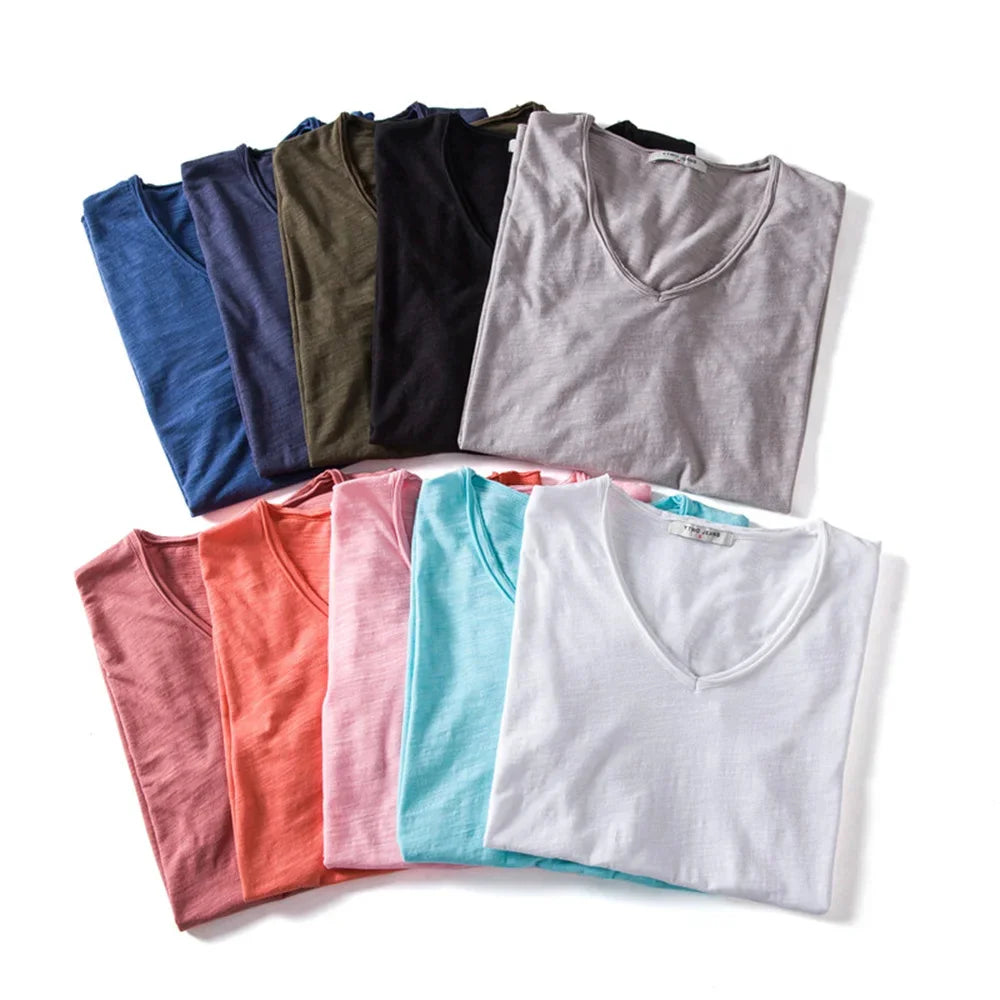 Brand Quality 100% Cotton Men T-Shirt V-Neck Fashion Design Slim Fit Soild Male Tops Tees Short Sleeve