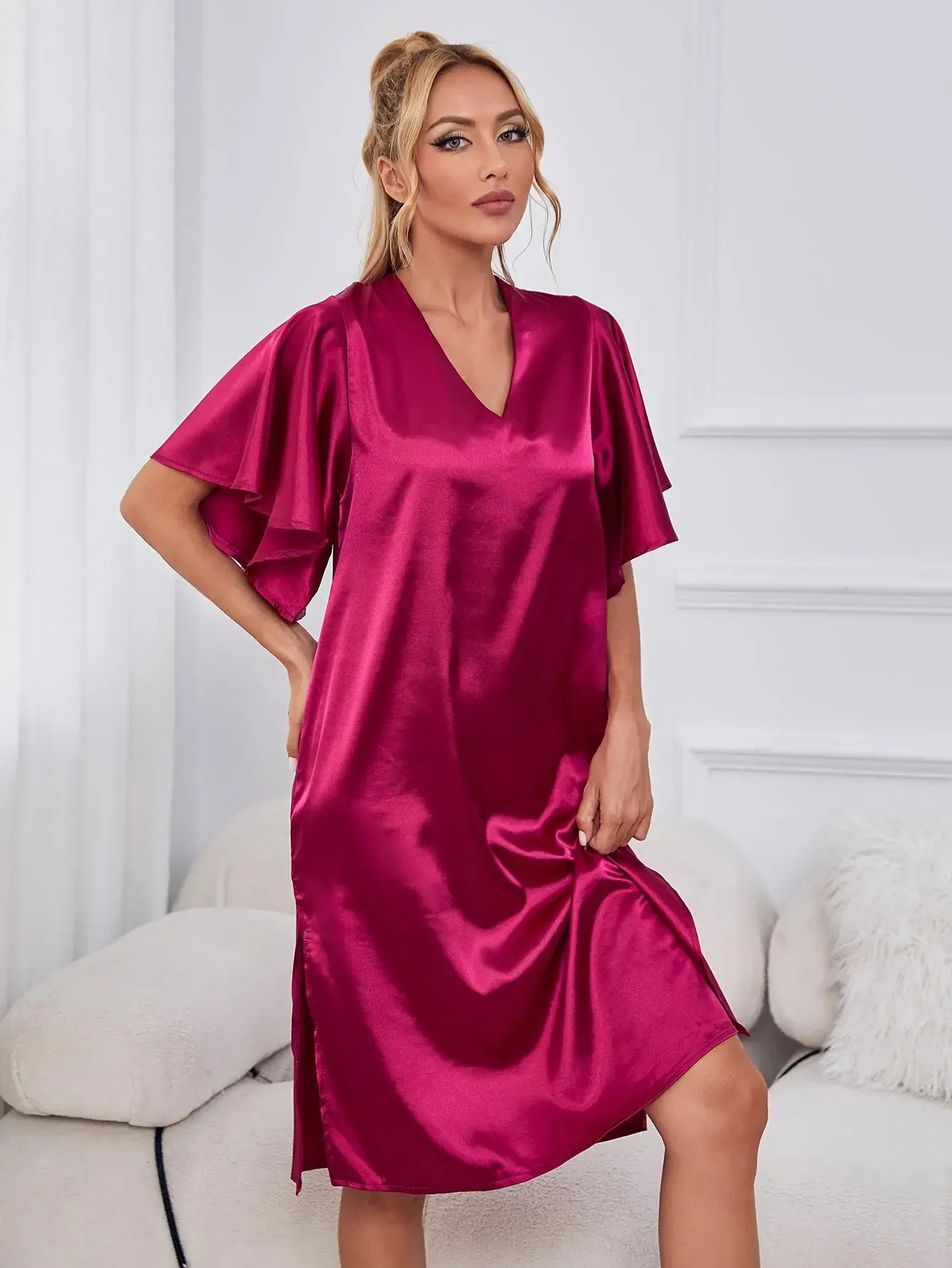 Silk Satin Sleepwear Loose Casual Sexy Home Wear Night Dress Side Split Summer Nightwear Ruffle Sleeve Women'S Pajamas Underwear