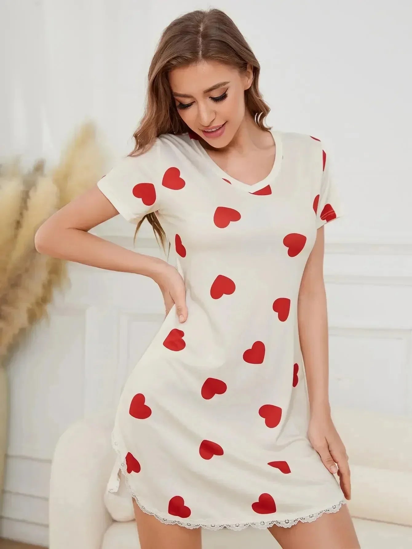 Summer Sexy Sleepwear Women Lace Hem Nightdress V-Neck Short Sleeve Pajamas Nighties Nightgown Nightwear Side Split Skirt