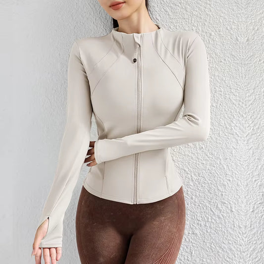 New Solid Color Tight Jacket Zipper Long-Sleeved Coat Sports Running Fitness Long Yoga Jackets Woman