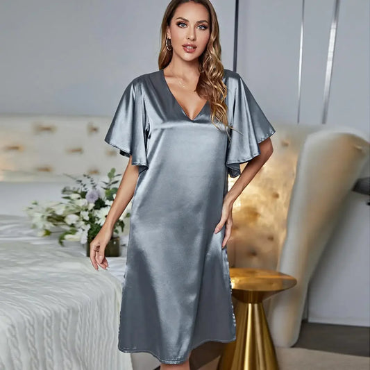 Silk Satin Sleepwear Loose Casual Sexy Home Wear Night Dress Side Split Summer Nightwear Ruffle Sleeve Women'S Pajamas Underwear