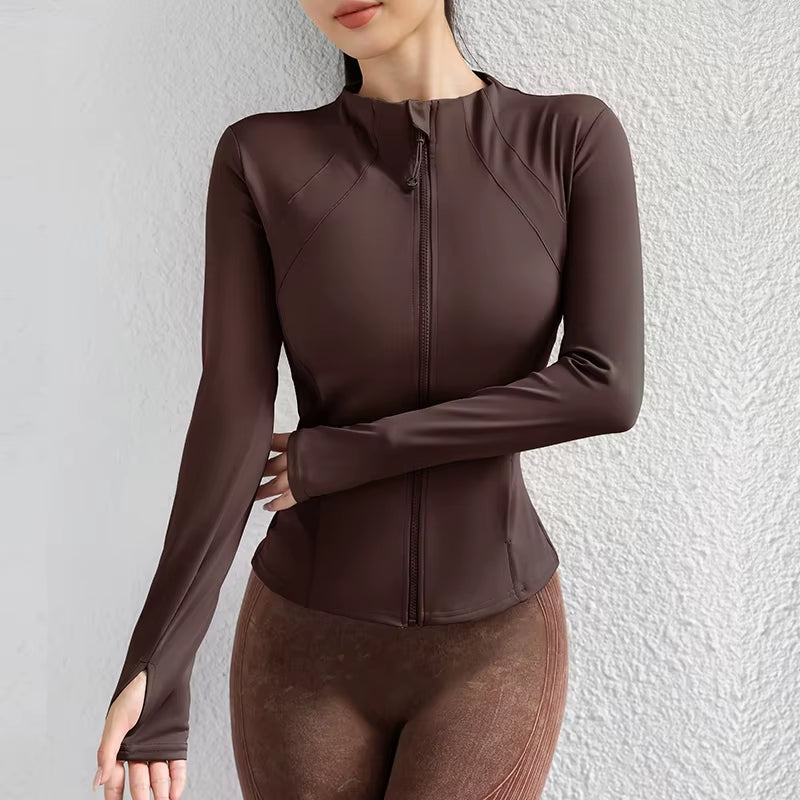 New Solid Color Tight Jacket Zipper Long-Sleeved Coat Sports Running Fitness Long Yoga Jackets Woman